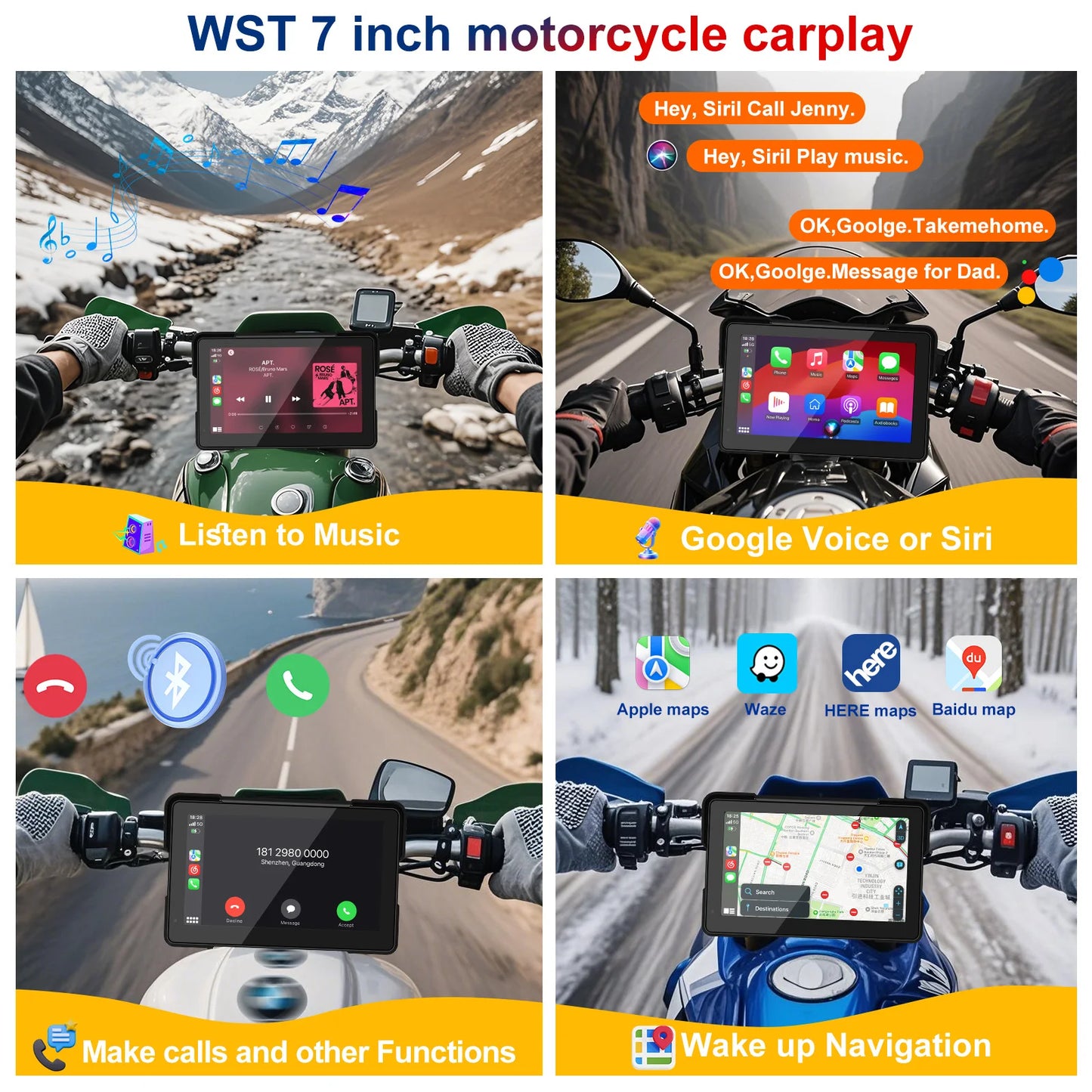 7.0 inch Portable Motorcycle Navigation Display Screen Wireless CarPlay Motorcycle GPS Para Moto Android Auto Monitor Waterproof