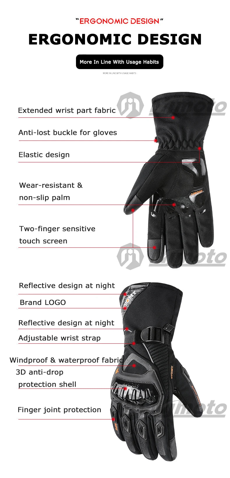 Winter Warm Motorcycle Gloves Windproof Waterproof Guantes Moto Motorbike Riding Gloves Touch Screen Moto Motocross Gloves Black