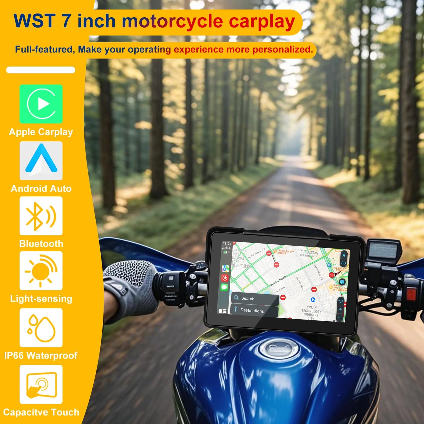 7.0 inch Portable Motorcycle Navigation Display Screen Wireless CarPlay Motorcycle GPS Para Moto Android Auto Monitor Waterproof