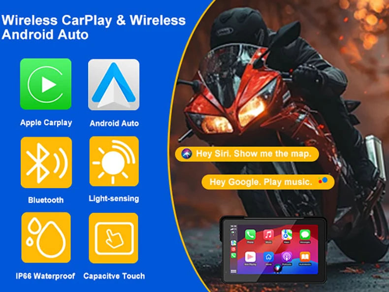 7.0 inch Portable Motorcycle Navigation Display Screen Wireless CarPlay Motorcycle GPS Para Moto Android Auto Monitor Waterproof